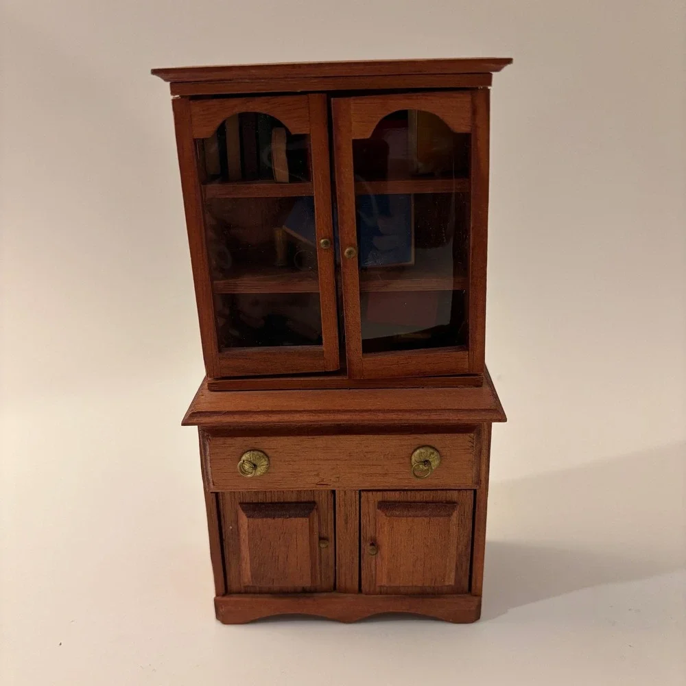 VTG Shackman Dollhouse Miniature Wood China Cabinet Hutch w Books 1:12